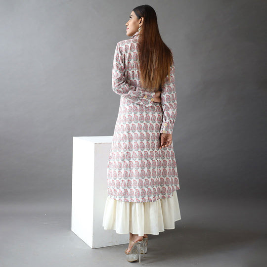 Beige Embroidered Paisley Open Jacket with Off-White Dulux Cotton Dress - Cult91