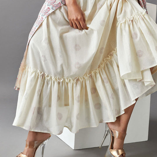 Beige Embroidered Paisley Open Jacket with Off-White Dulux Cotton Dress - Cult91