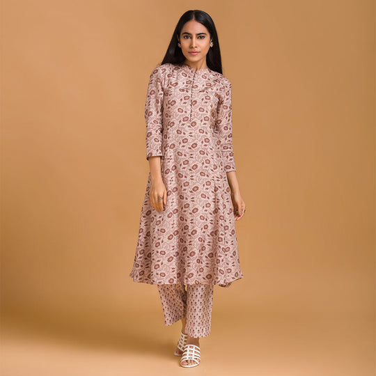 Beige Floral Viscose Muslin Kurta with Straight Pants - Cult91