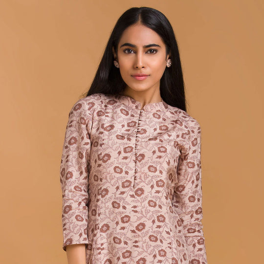 Beige Floral Viscose Muslin Kurta with Straight Pants - Cult91