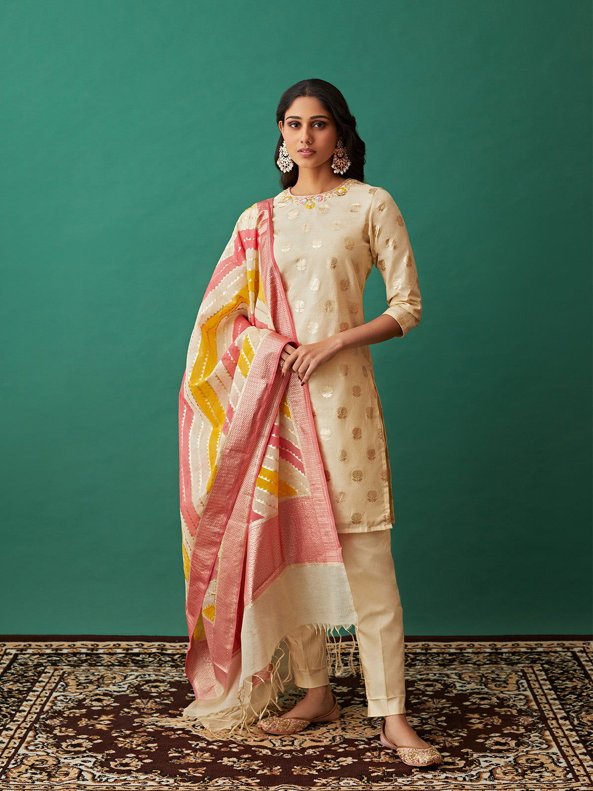 Beige Round Neck Banarasi Suit with Multicoloured Dupatta - Cult91