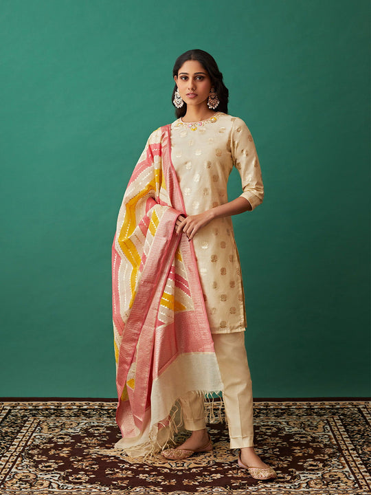 Beige Round Neck Banarasi Suit with Multicoloured Dupatta - Cult91