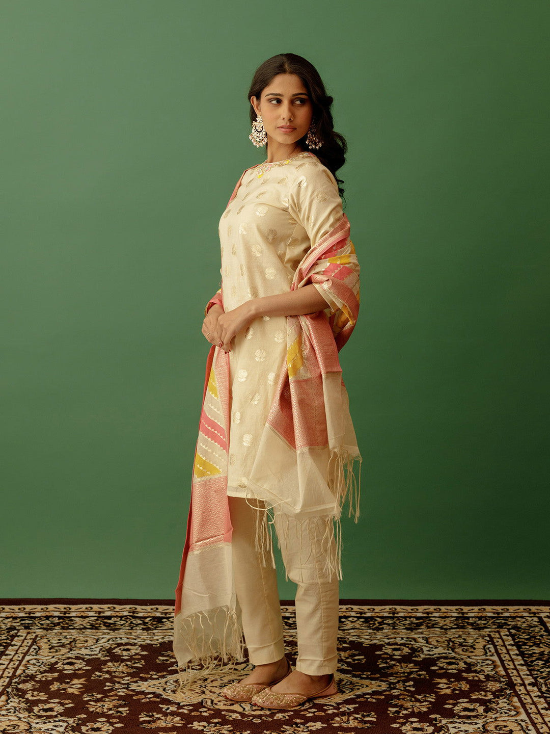 Beige Round Neck Banarasi Suit with Multicoloured Dupatta - Cult91