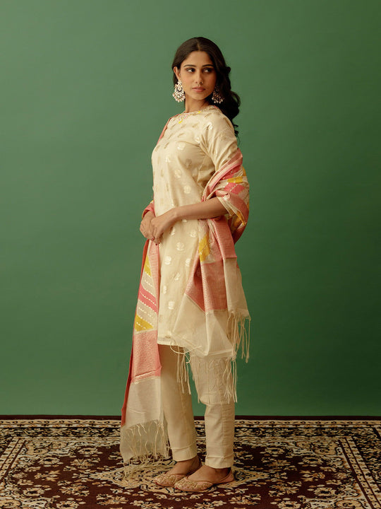 Beige Round Neck Banarasi Suit with Multicoloured Dupatta - Cult91