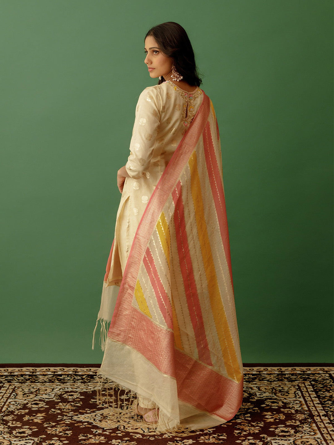 Beige Round Neck Banarasi Suit with Multicoloured Dupatta - Cult91