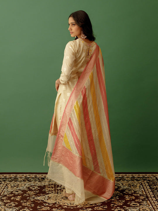 Beige Round Neck Banarasi Suit with Multicoloured Dupatta - Cult91