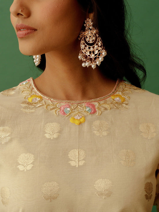 Beige Round Neck Banarasi Suit with Multicoloured Dupatta - Cult91