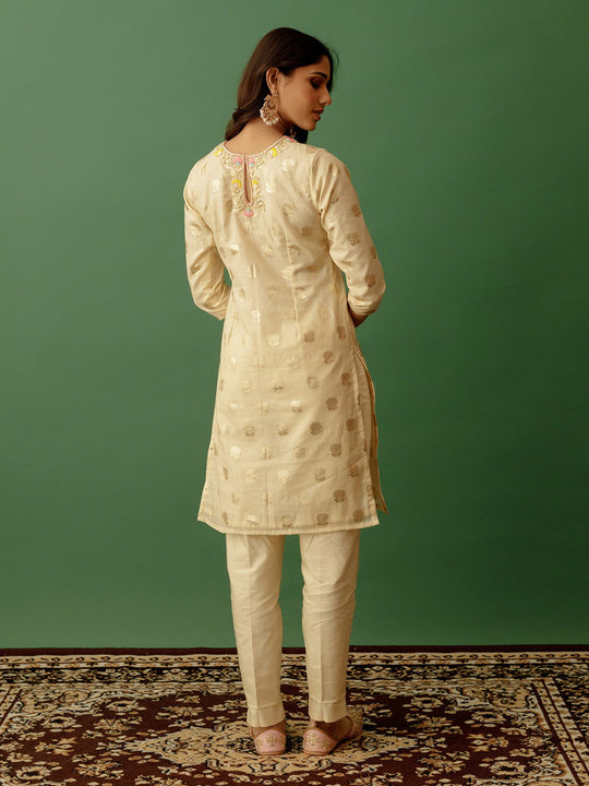 Beige Round Neck Banarasi Suit with Multicoloured Dupatta - Cult91