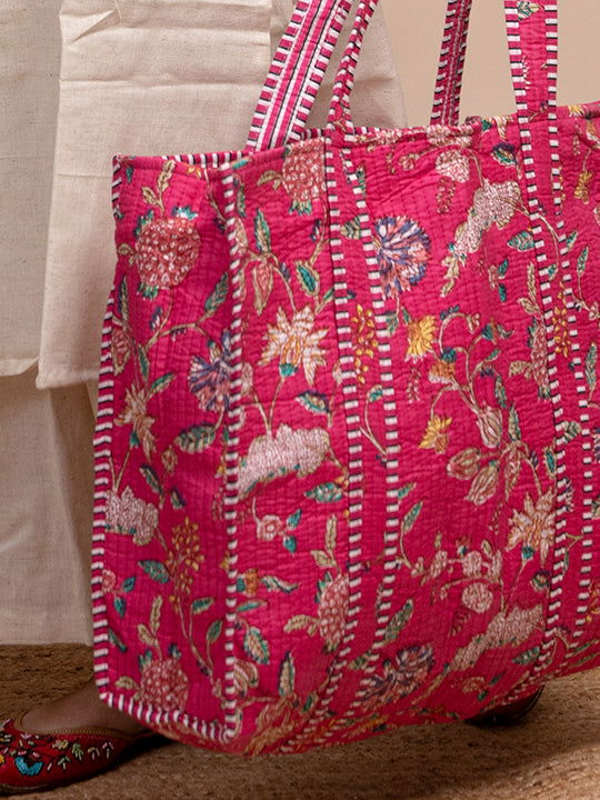 Blossom pink Printed Quilted  Tote Bag with Inner Pocket - Cult91
