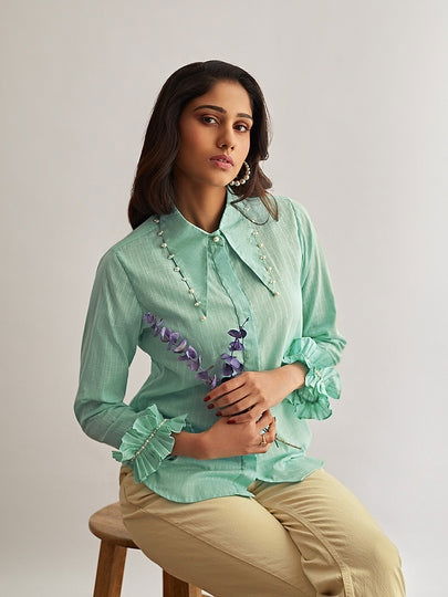 Blue Shirt with Pearl Embroidery - Cult91