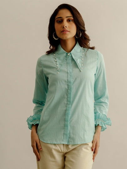 Blue Shirt with Pearl Embroidery - Cult91