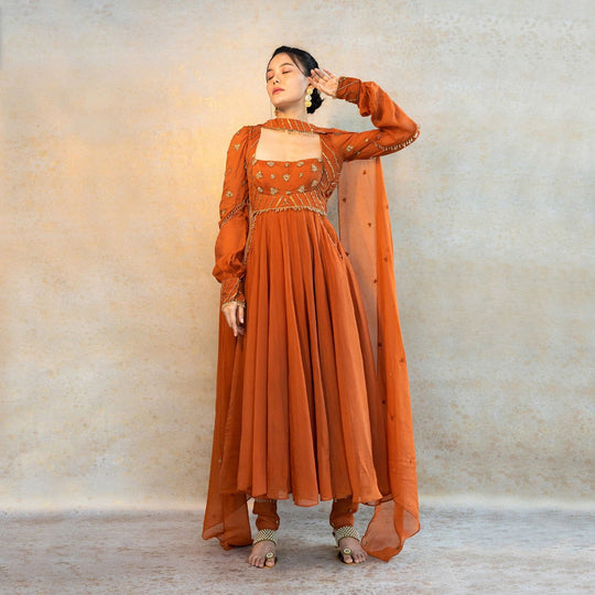 Brown Organza Anarkali Dupatta Set - Cult91