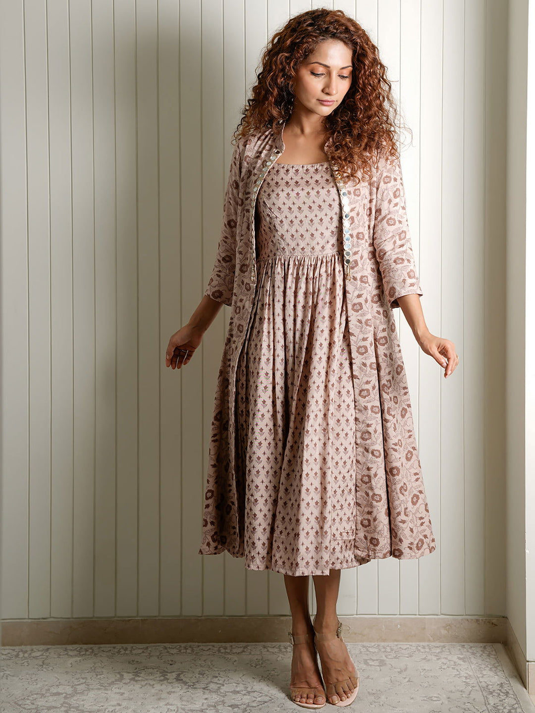 Brown Viscose Floral Jacket & Dress Set - Cult91