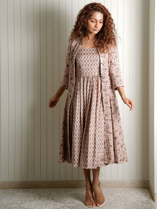 Brown Viscose Floral Jacket & Dress Set - Cult91