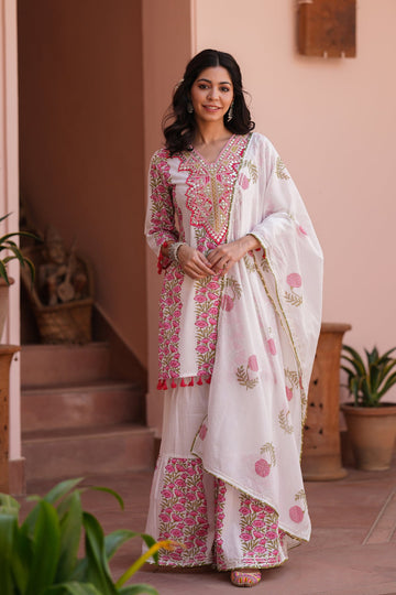 White & Pink Handblock Cotton Suit Set for Women – Printed Kurta with Palazzo & Dupatta