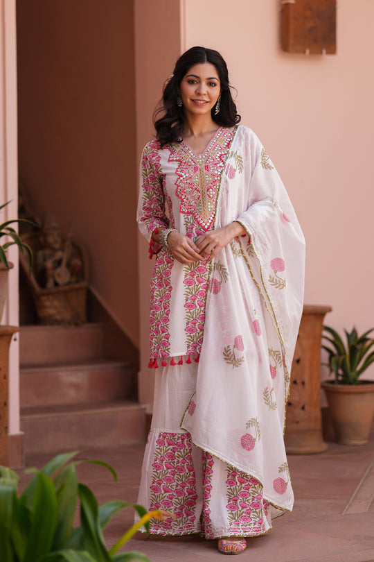 White & Pink Handblock Cotton Suit Set for Women – Printed Kurta with Palazzo & Dupatta
