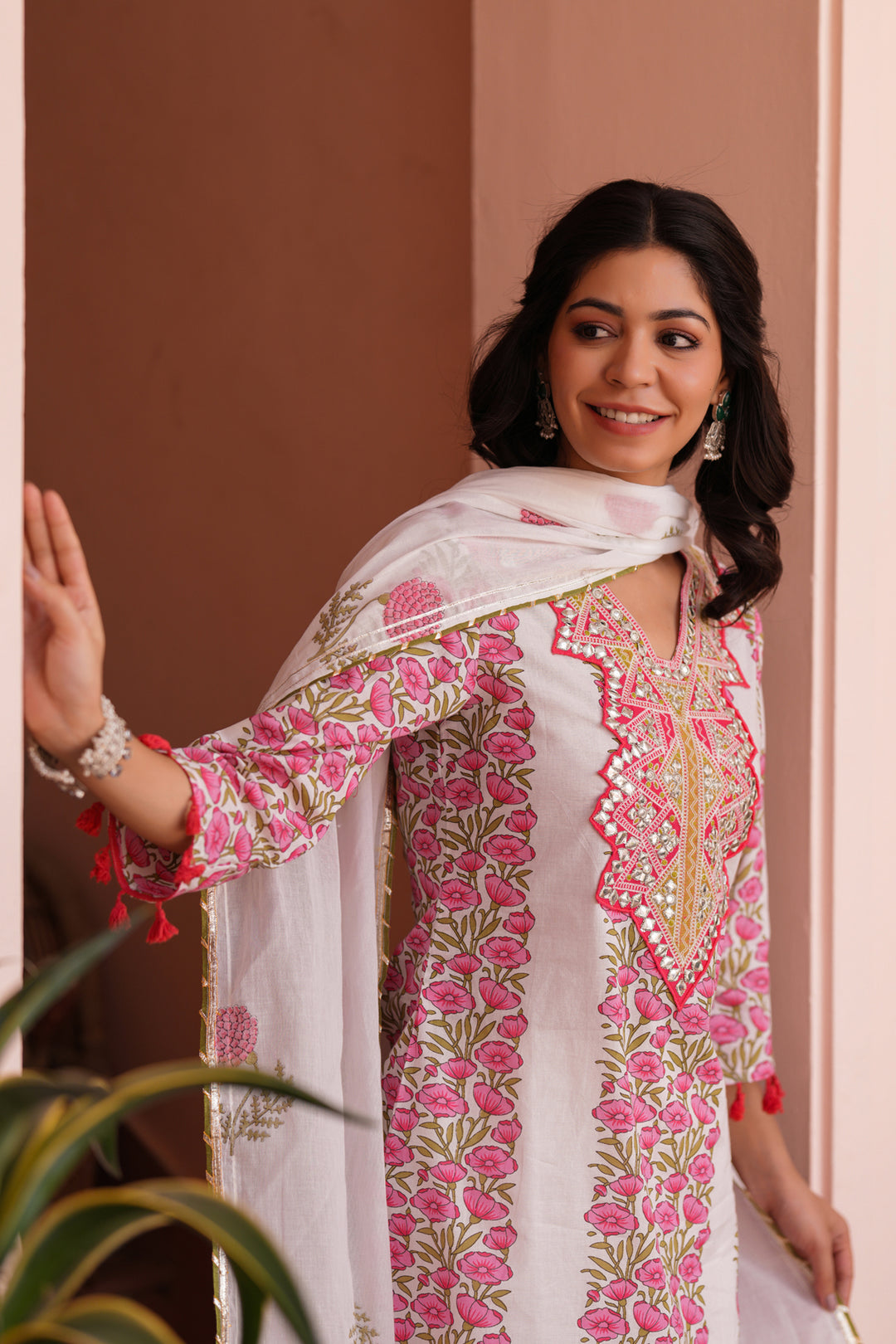 White & Pink Handblock Cotton Suit Set for Women – Printed Kurta with Palazzo & Dupatta