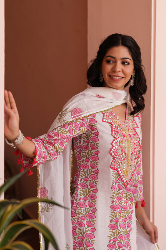 White & Pink Handblock Cotton Suit Set for Women – Printed Kurta with Palazzo & Dupatta
