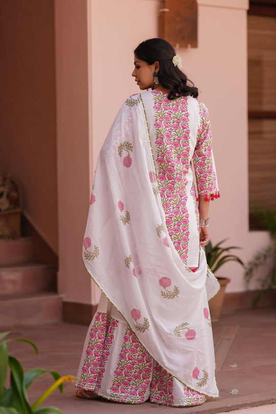 White & Pink Handblock Cotton Suit Set for Women – Printed Kurta with Palazzo & Dupatta