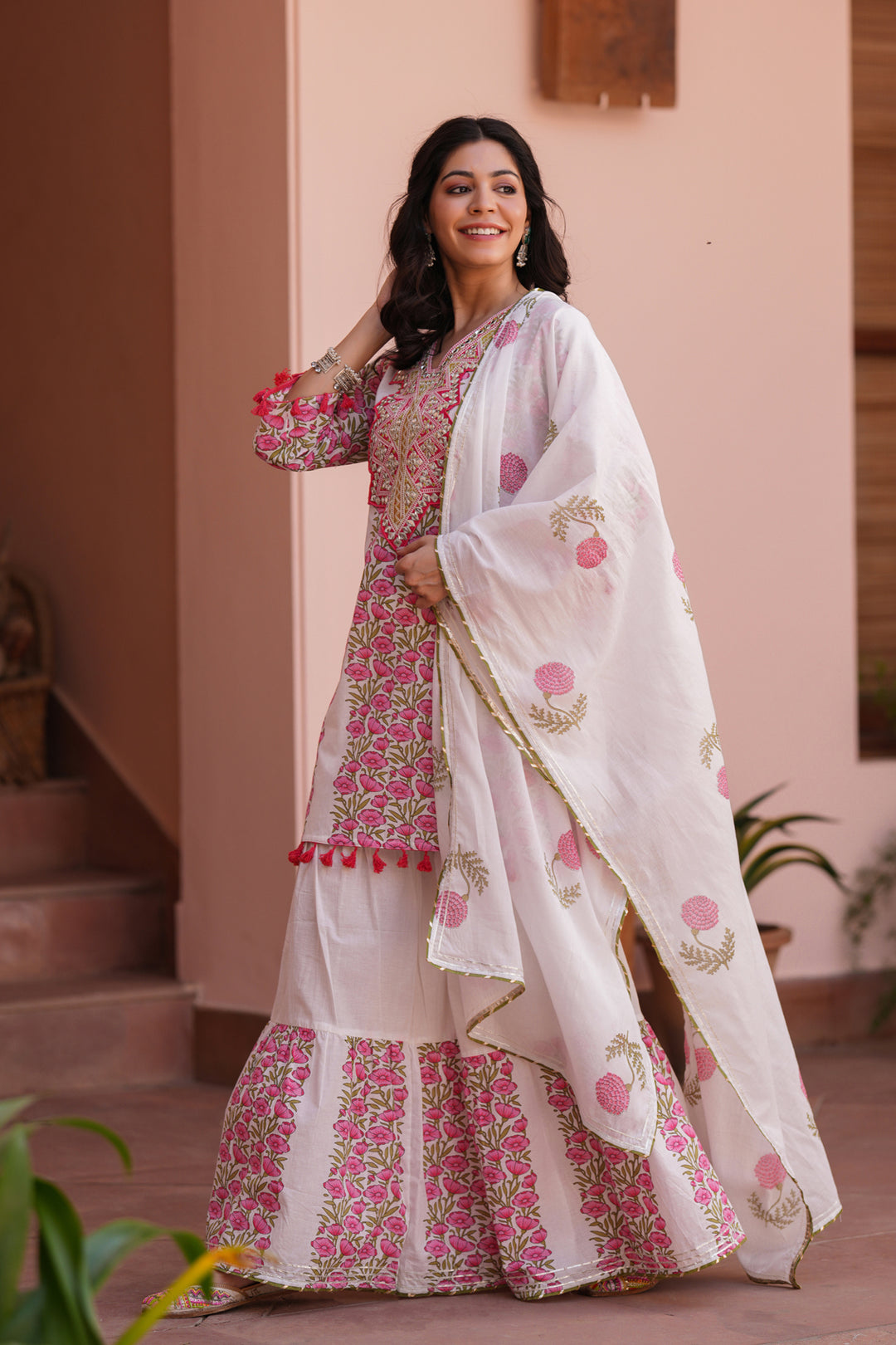 White & Pink Handblock Cotton Suit Set for Women – Printed Kurta with Palazzo & Dupatta