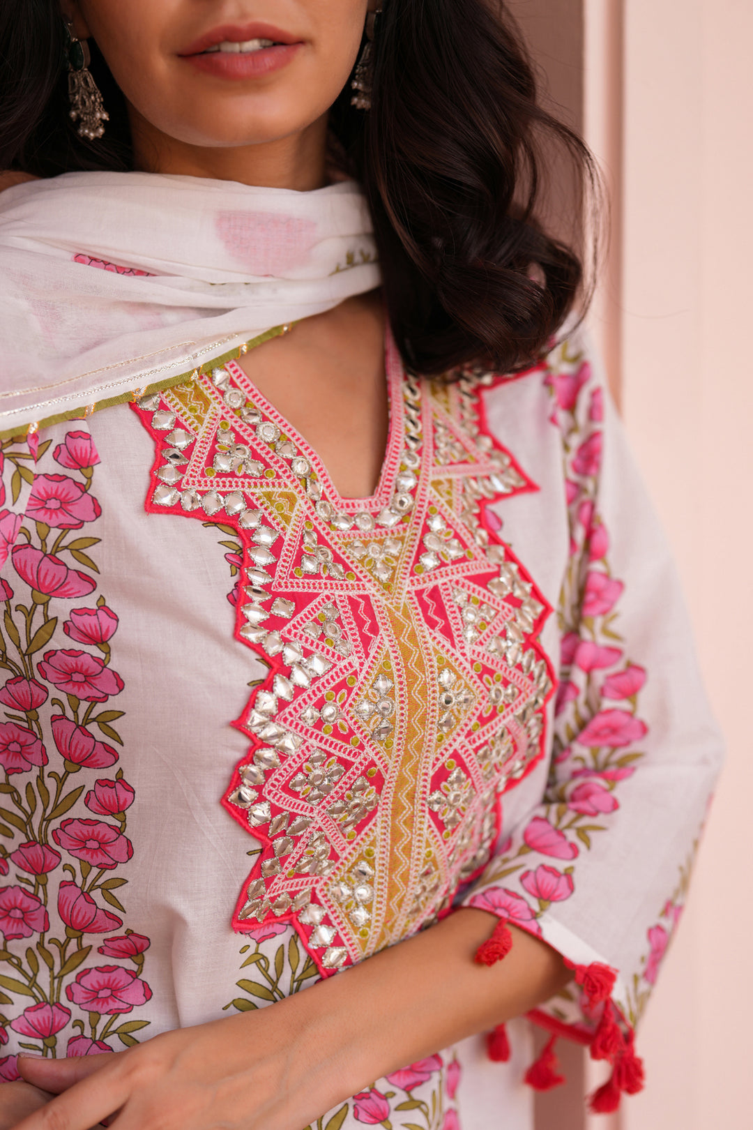 White & Pink Handblock Cotton Suit Set for Women – Printed Kurta with Palazzo & Dupatta