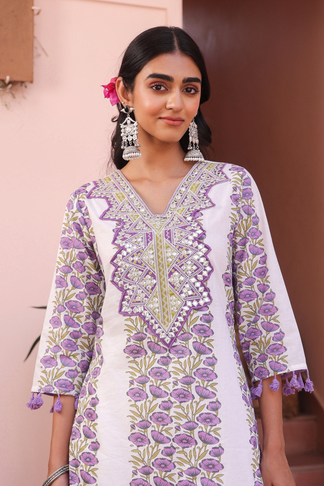 White & Lavender Handblock Cotton Suit Set for Women – Printed Kurta with Palazzo & Dupatta