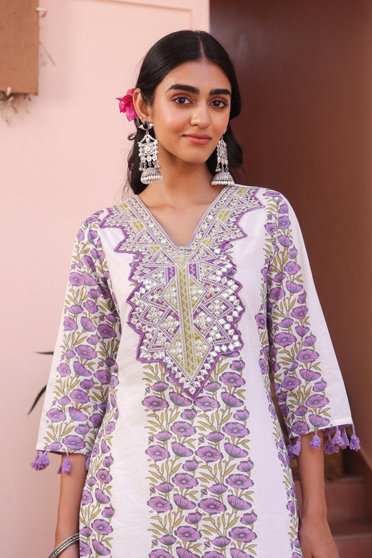 White & Lavender Handblock Cotton Suit Set for Women – Printed Kurta with Palazzo & Dupatta