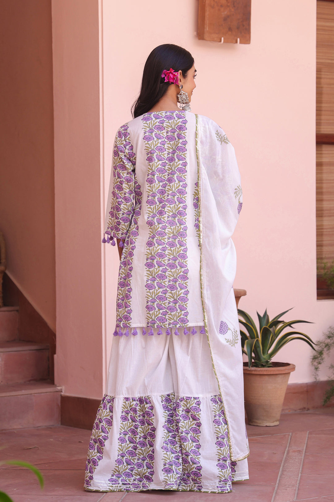 White & Lavender Handblock Cotton Suit Set for Women – Printed Kurta with Palazzo & Dupatta