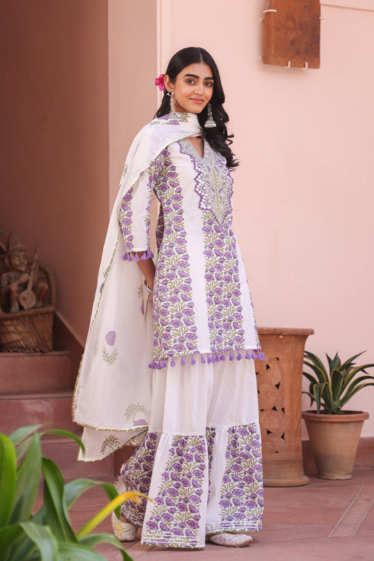 White & Lavender Handblock Cotton Suit Set for Women – Printed Kurta with Palazzo & Dupatta