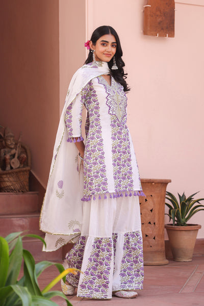 White & Lavender Handblock Cotton Suit Set for Women – Printed Kurta with Palazzo & Dupatta
