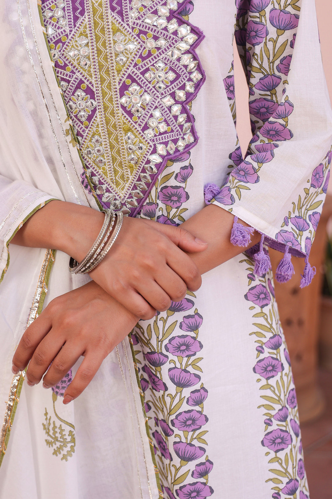 White & Lavender Handblock Cotton Suit Set for Women – Printed Kurta with Palazzo & Dupatta