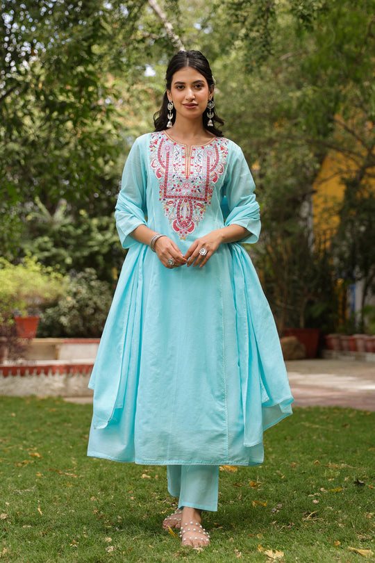 Sky Blue Embroidered Kurta Set for Women