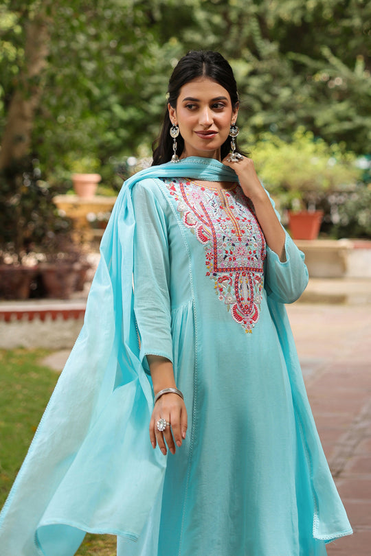 Sky Blue Embroidered Kurta Set for Women