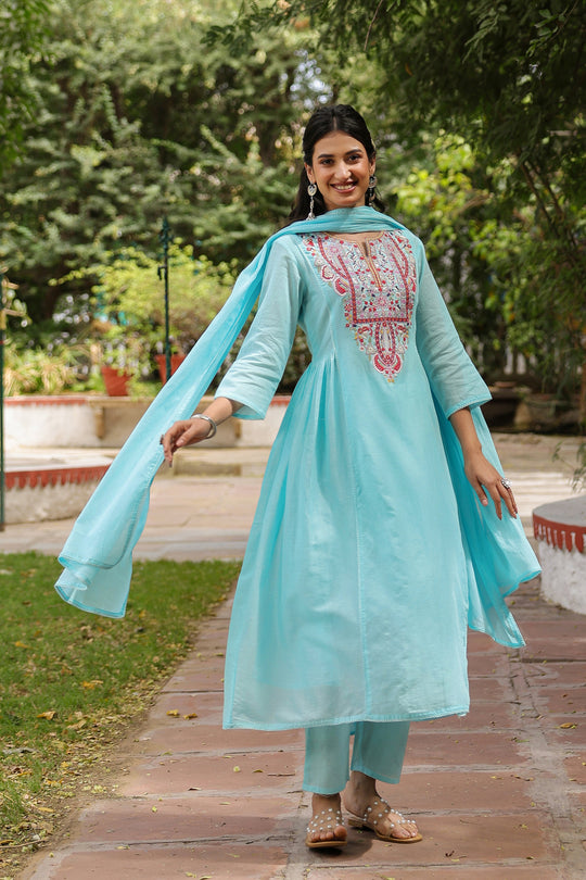 Sky Blue Embroidered Kurta Set for Women