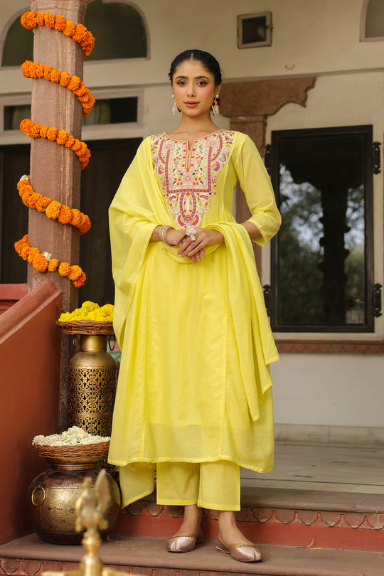 Lime Yellow Embroidered Kurta Set for Women
