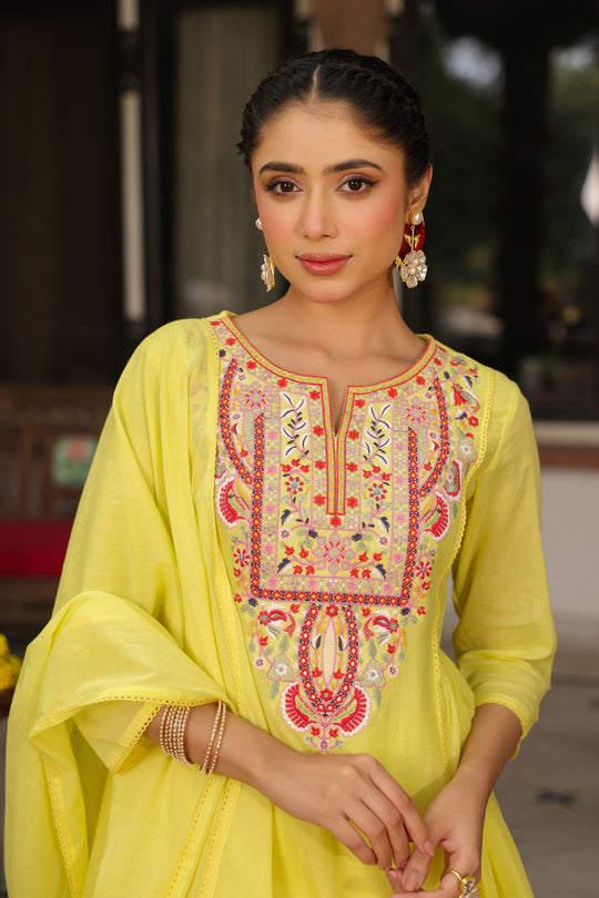 Lime Yellow Embroidered Kurta Set for Women
