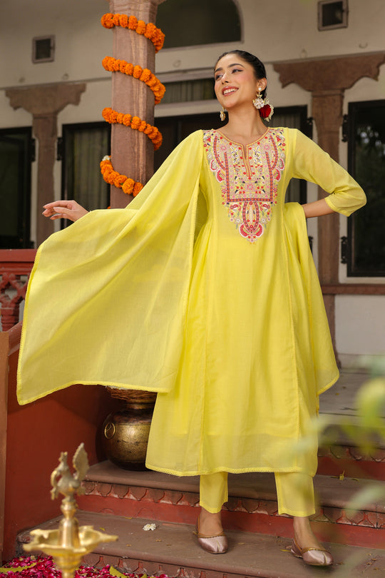 Lime Yellow Embroidered Kurta Set for Women