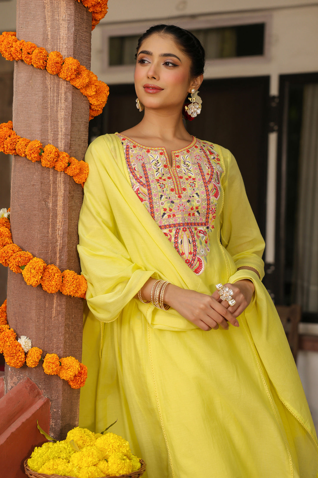 Lime Yellow Embroidered Kurta Set for Women