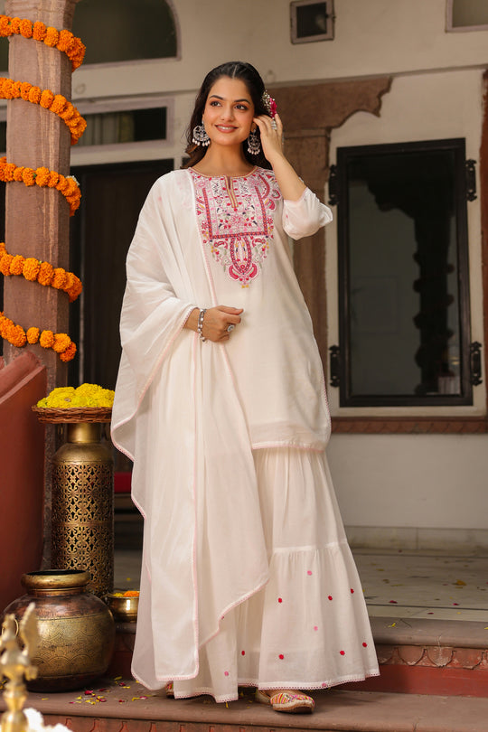 Off-White Embroidered Kurta Sharara Set with Dupatta