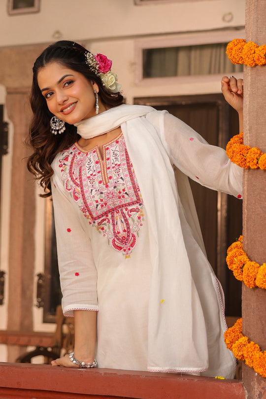 Off-White Embroidered Kurta Sharara Set with Dupatta
