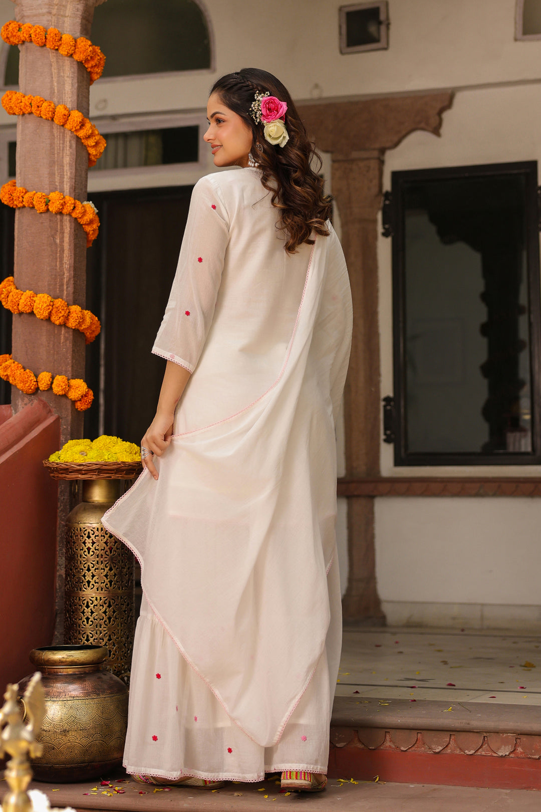 Off-White Embroidered Kurta Sharara Set with Dupatta