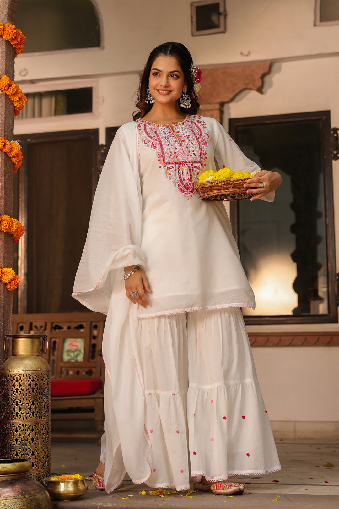 Off-White Embroidered Kurta Sharara Set with Dupatta