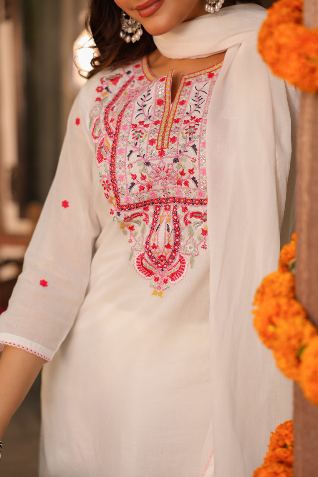 Off-White Embroidered Kurta Sharara Set with Dupatta