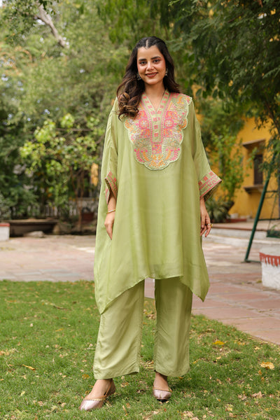 Green Kaftan Embroidered Kurta Set for Women