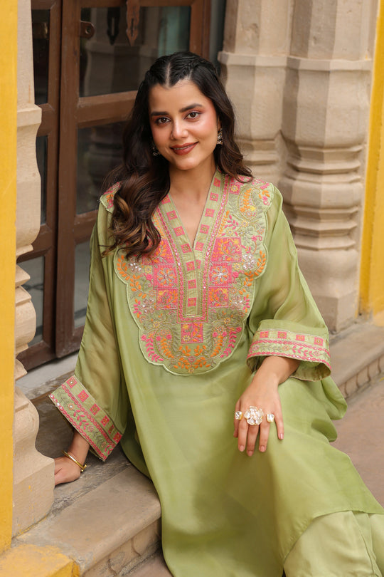 Green Kaftan Embroidered Kurta Set for Women