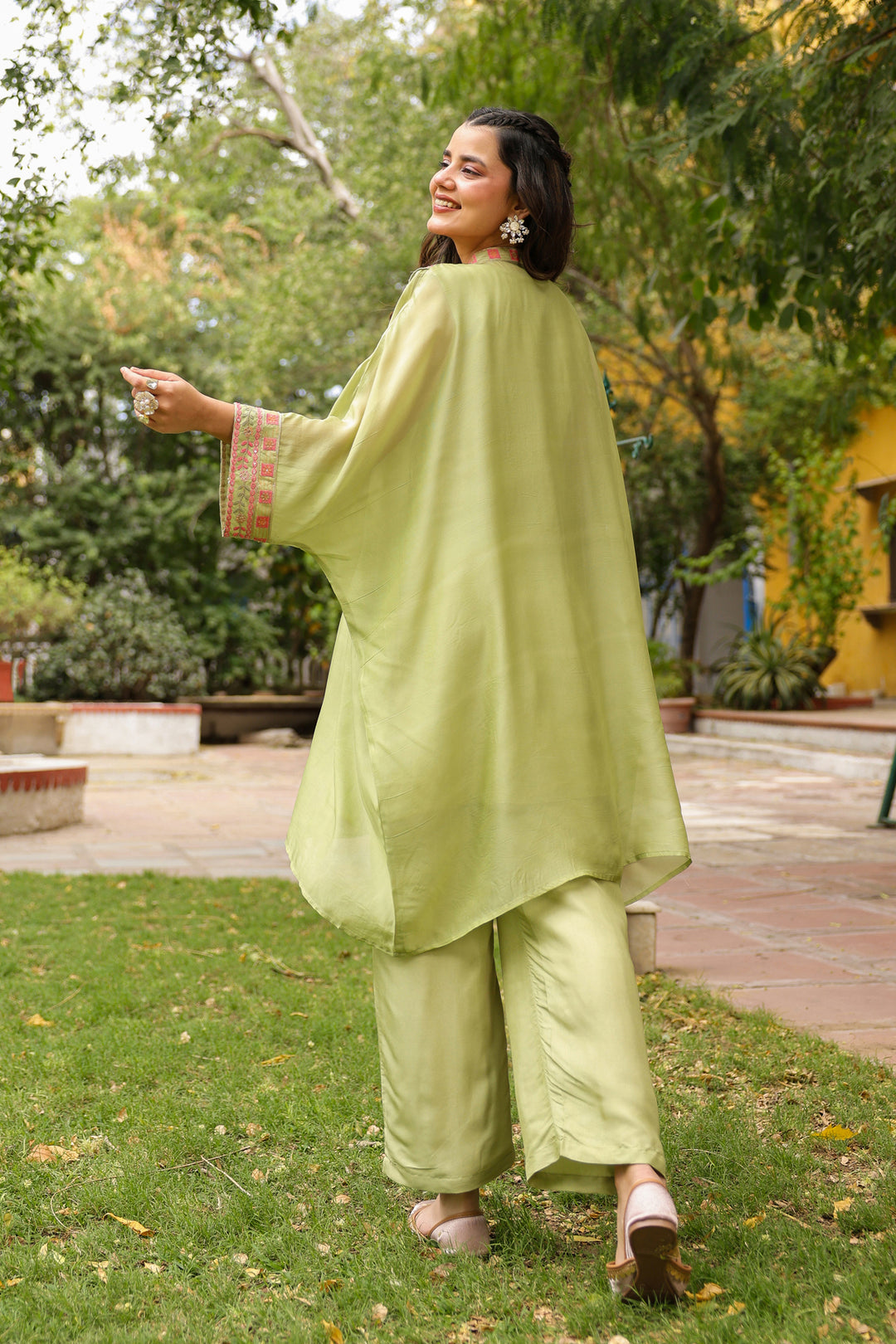 Green Kaftan Embroidered Kurta Set for Women