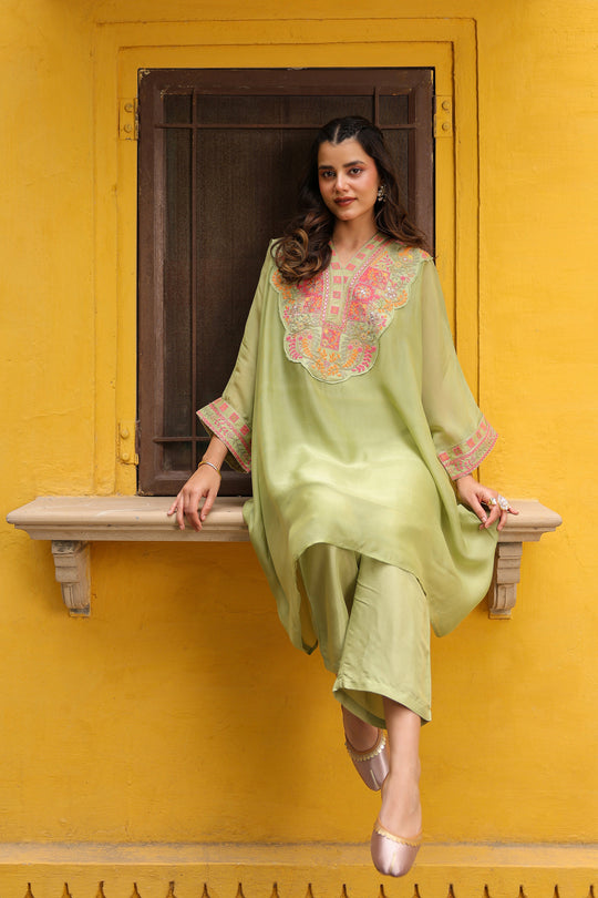 Green Kaftan Embroidered Kurta Set for Women