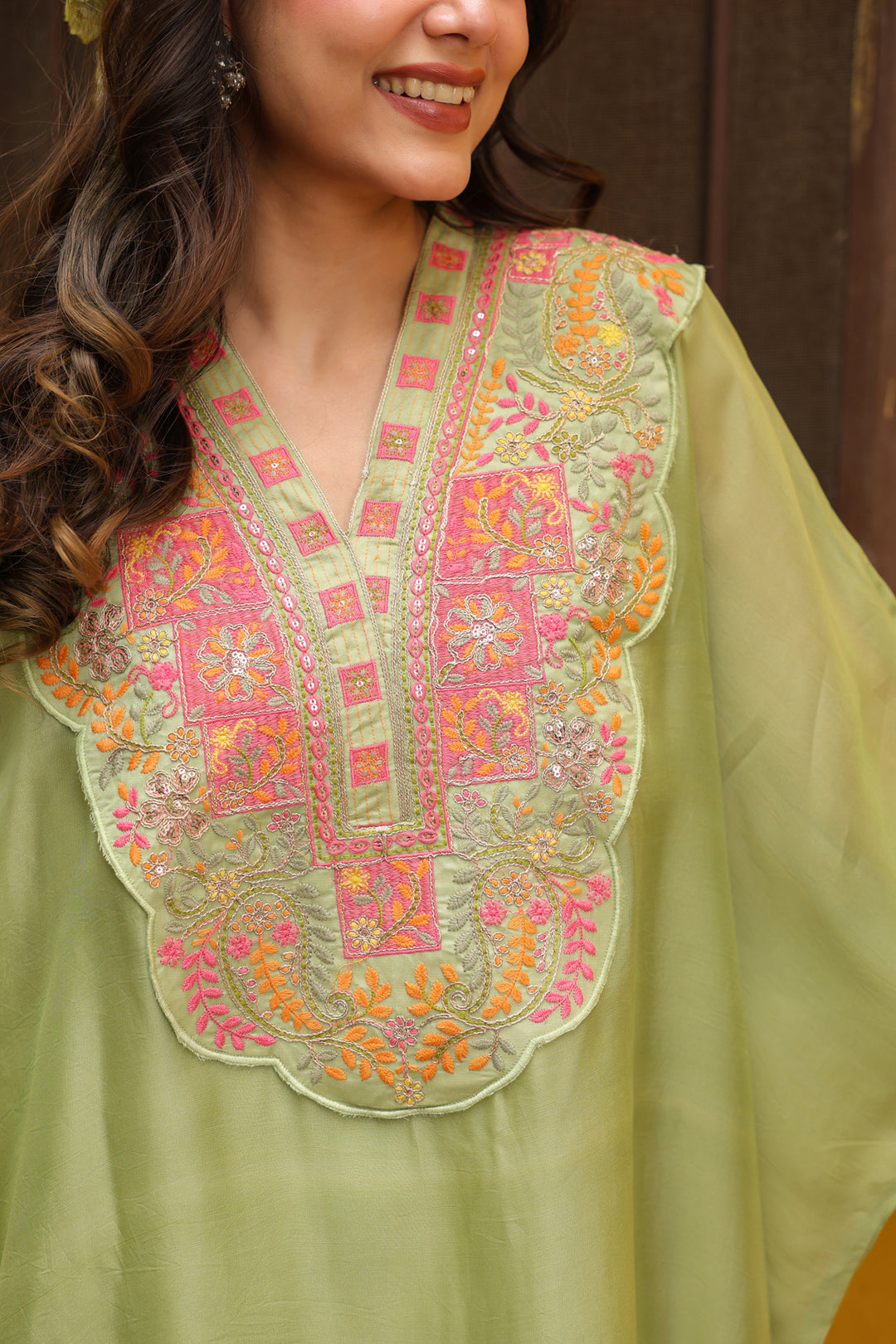 Green Kaftan Embroidered Kurta Set for Women