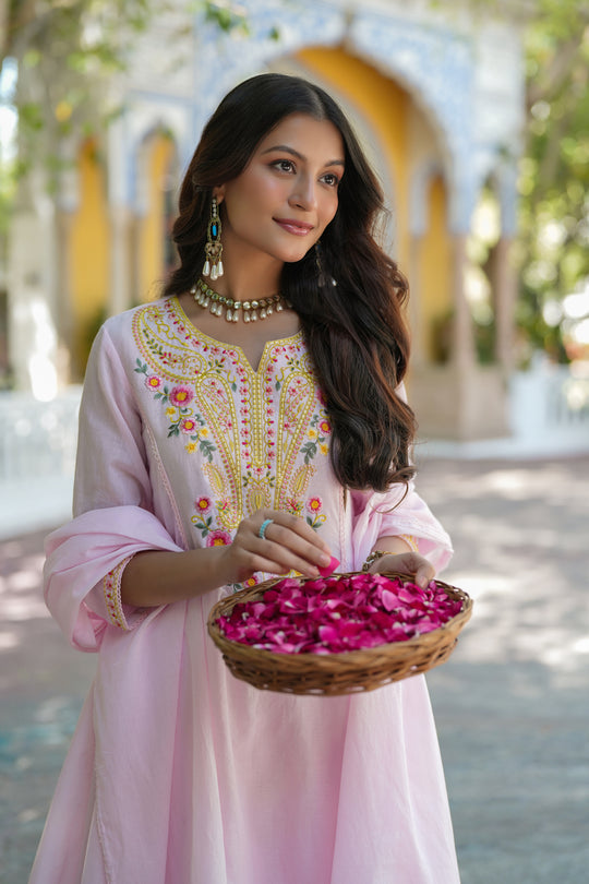 Pastel Pink Embroidered Cotton Kurta Set for Women - Floral Thread Work