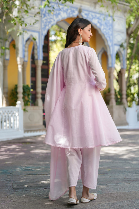 Pastel Pink Embroidered Cotton Kurta Set for Women - Floral Thread Work